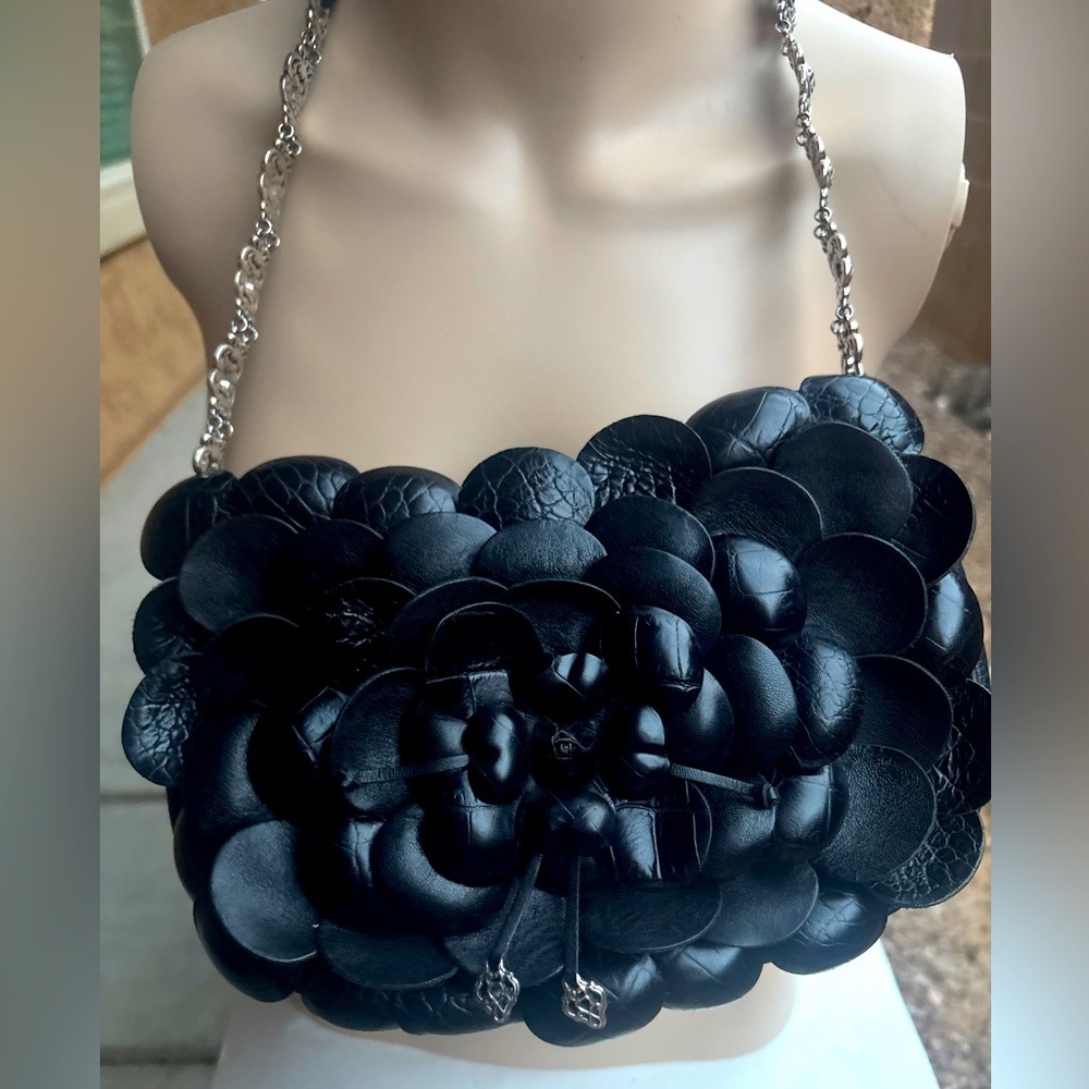 Brighton Black Floral Petal Leather Crossbody with Silver Chain